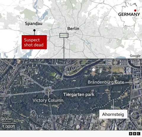 A map shows the location of Spandau in the west of Berlin where the suspect was shot dead, with a label saying so. A second map shows the Tiergarten to the left of the Brandenburg Gate, and a label showing the Ahurnsteig street