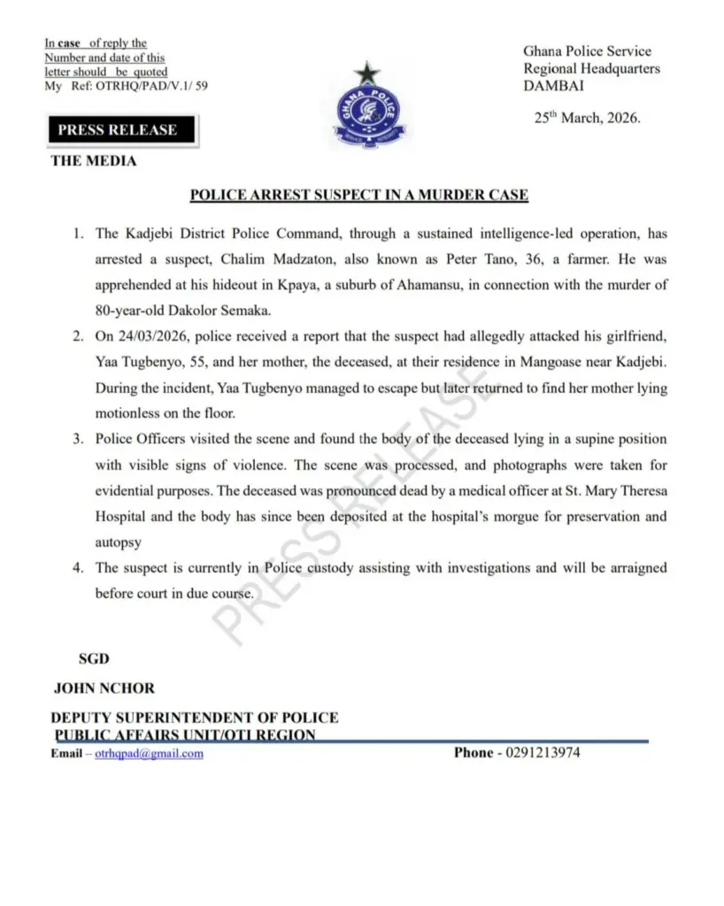 Suspect arrested over killing of elderly woman in Kadjebi Suspect arrested over killing of elderly woman in Kadjebi