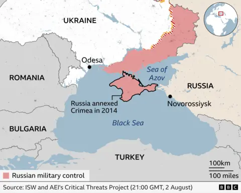 Major Russian grain export terminal hit in Ukraine Black Sea port attack Map of the Black Sea