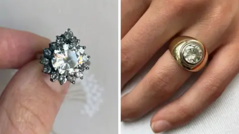 Lylie Two rings, one a more traditional large diamond set with smaller ones around it, the second a single diamond set in a thicker gold band