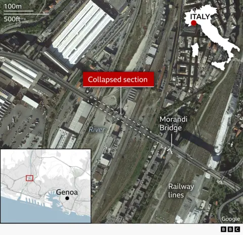 Map showing collapsed section of Genoa bridge in 2018
