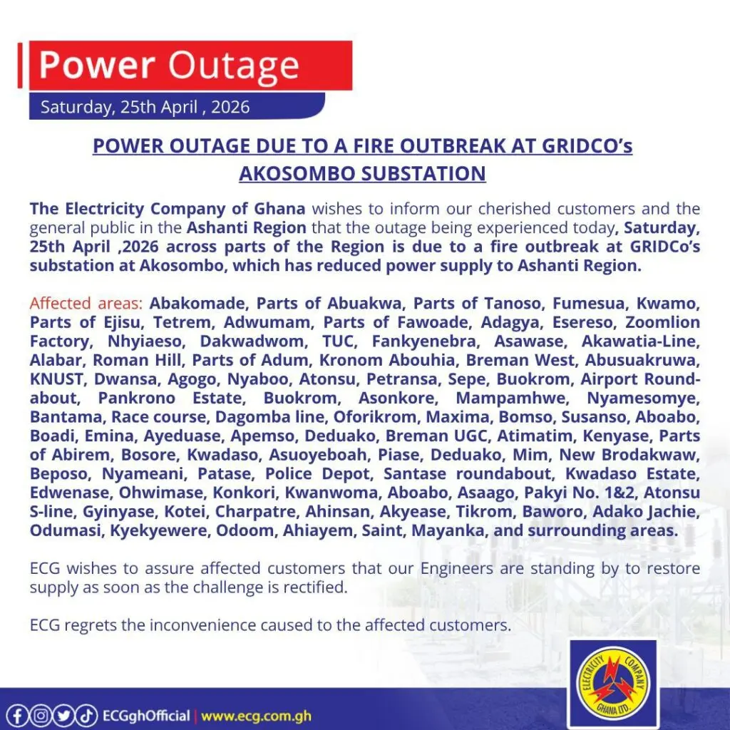 Akosombo substation fire plunges Ashanti Region into widespread darkness
