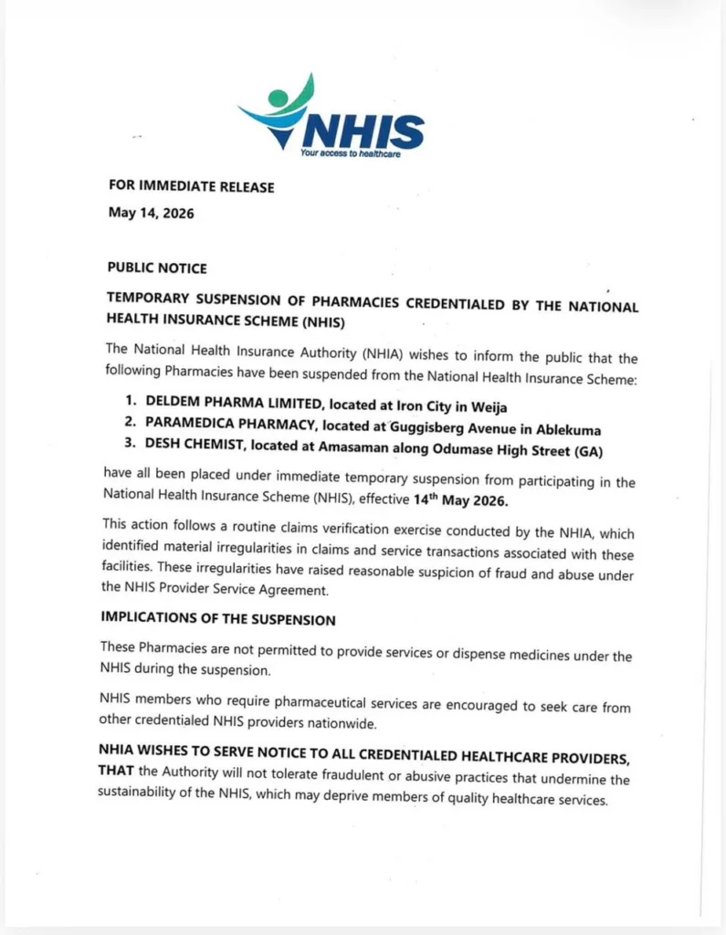 NHIA suspends 3 pharmacies over suspected fraudulent NHIS claims