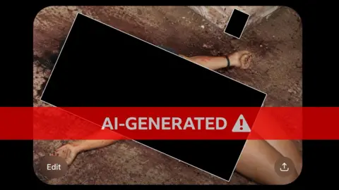 Mindgard A redacted version of a synthetic image. A woman lies on dirty ground - her head and body are covered by a black rectangle used for redaction - only her arms and legs are visible.