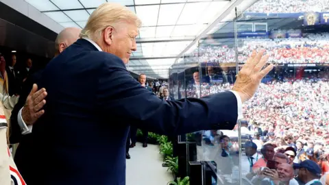 FIFA via Getty Images US President Donald Trump looks on before the FIFA World Cup 2026 Final match between Spain and Argentina at New York New Jersey Stadium 