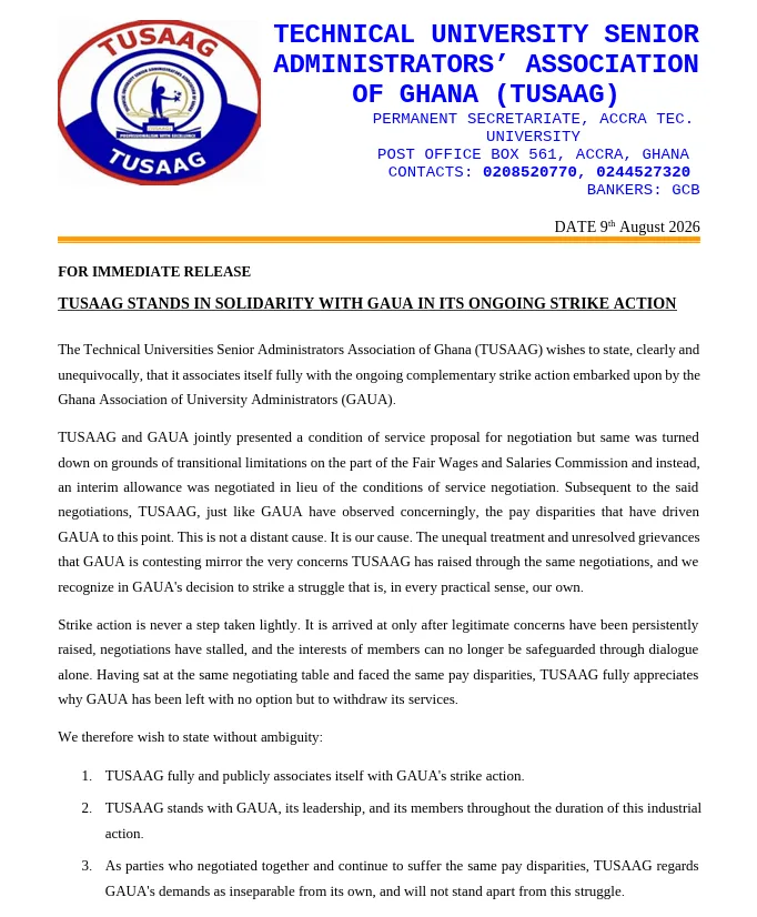 TUSAAG backs GAUA strike over unresolved pay disparities