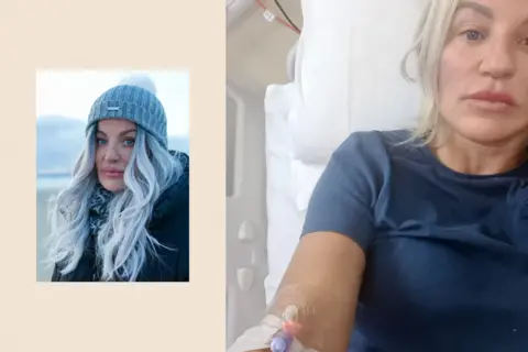 A montage image showing two photographs of Joanne. On the left, she has fashionably dyed grey hair and blue eyes, wears a grey woolly hat and black coat, and looks seriously at the camera on an empty Welsh beach at dusk. On the right is a selfie of Joanne in hospital, with a canula in her arm. She is wearing a navy blue T-shirt and has blonde hair. The white sheets of the hospital bed can be seen in part of the frame.

