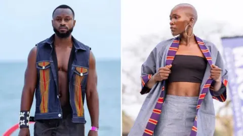East Africa wants to curb imports of used clothes, but it's not easy Ekikumba Fusion A composite image of two fashion models - on the left a man in a waistcoat and a bracelet decorated in shell and a woman on the right in a tailored grey skirt and jacket with purple material trim.