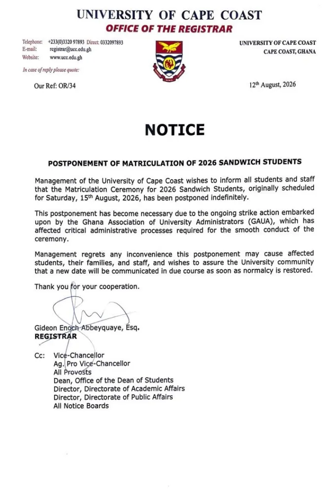 UCC postpones 2026 Sandwich students’ matriculation indefinitely