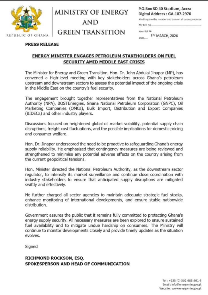 Gov't reaffirms commitment to safeguard Ghana’s energy supply amid Middle East crisis