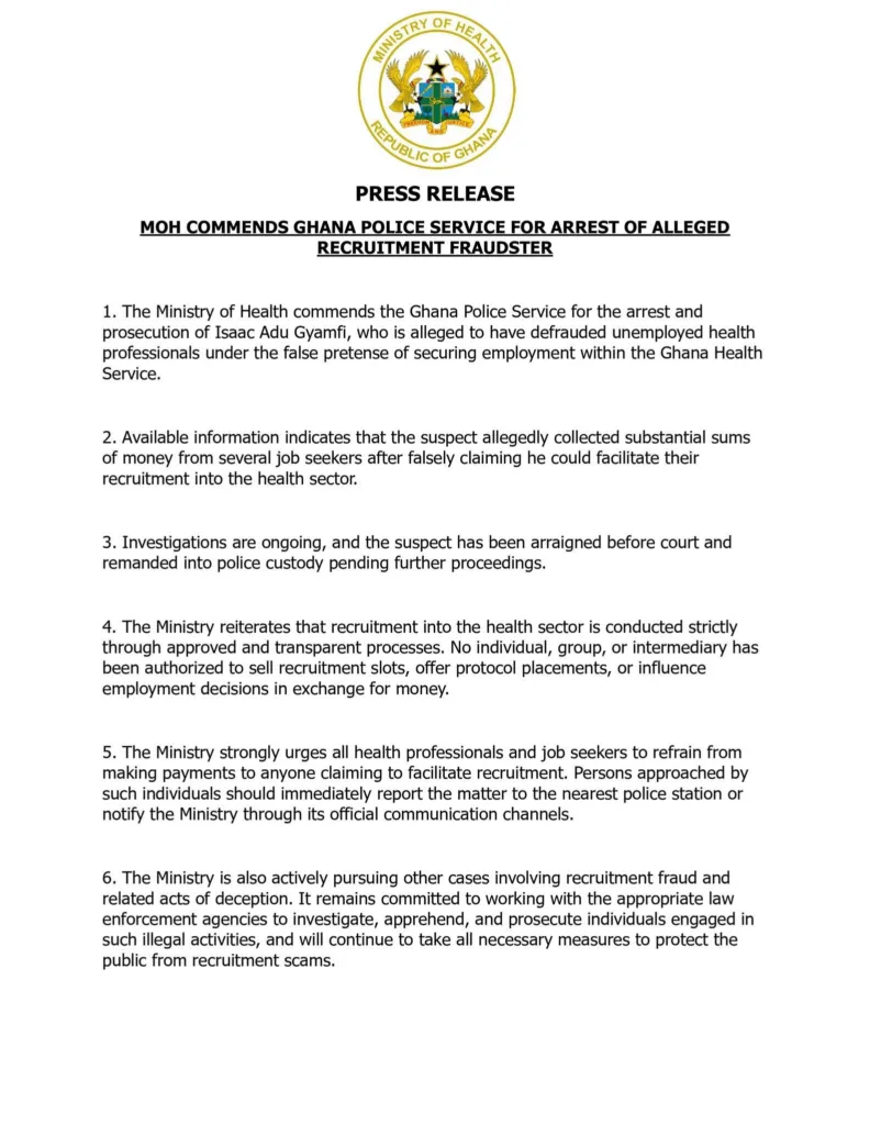 Ministry of Health commends police over arrest of suspected recruitment fraudster