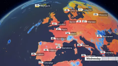 BBC Weather Map of Europe showing expected temperature highs for Wednesday 24 Junbe 2026
