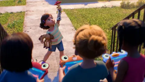 Disney Toy Story's young girl, Bonnie Anderson, holds up her favourite toys Jessie and Bullseye as her friends play on their tablets