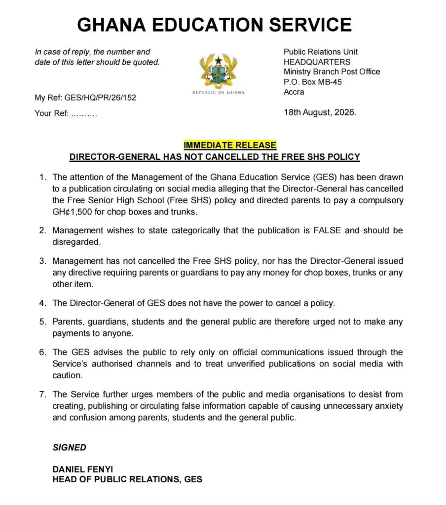 GES denies GH¢1,500 Free SHS payment directive, urges parents to ignore viral claim