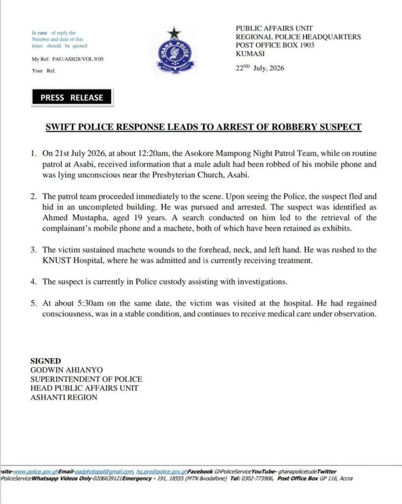 Police arrest 19-year-old robbery suspect after swift response in Asokore Mampong