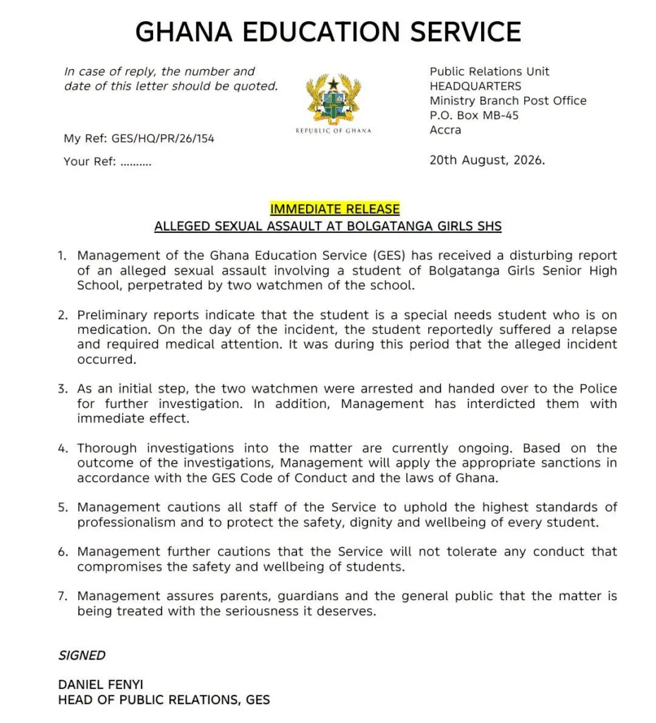 GES confirms alleged sexual assault of Bolgatanga Girls SHS student, two watchmen arrested