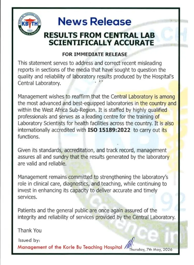 Korle Bu rejects reports casting doubt on credibility of Central Laboratory services