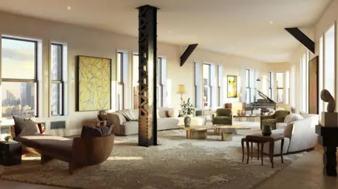 Would you pay $58.5m to live in this iconic New York building? Visualisation One Large triangular room with windows all around and modern furniture