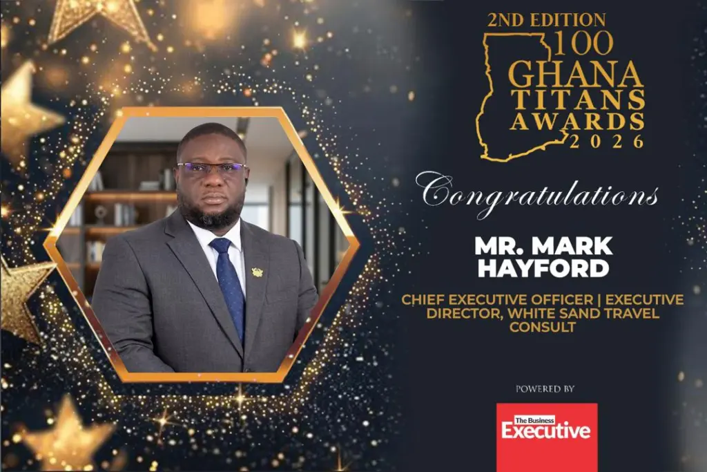 White Sand Travel Consult CEO Mark Hayford honoured at 100 Ghana Titans Awards 2026 White Sand Travel Consult CEO Mark Hayford honoured at 100 Ghana Titans Awards 2026