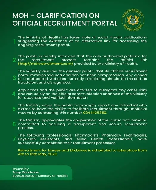 Ministry of Health warns against fraudulent recruitment links ahead of nursing intake Ministry of Health warns against fraudulent recruitment links ahead of nursing intake