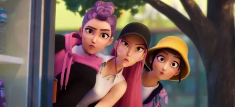 Netflix Girl group Huntr/x pictured looking around a corner in KPop Demon Hunters
