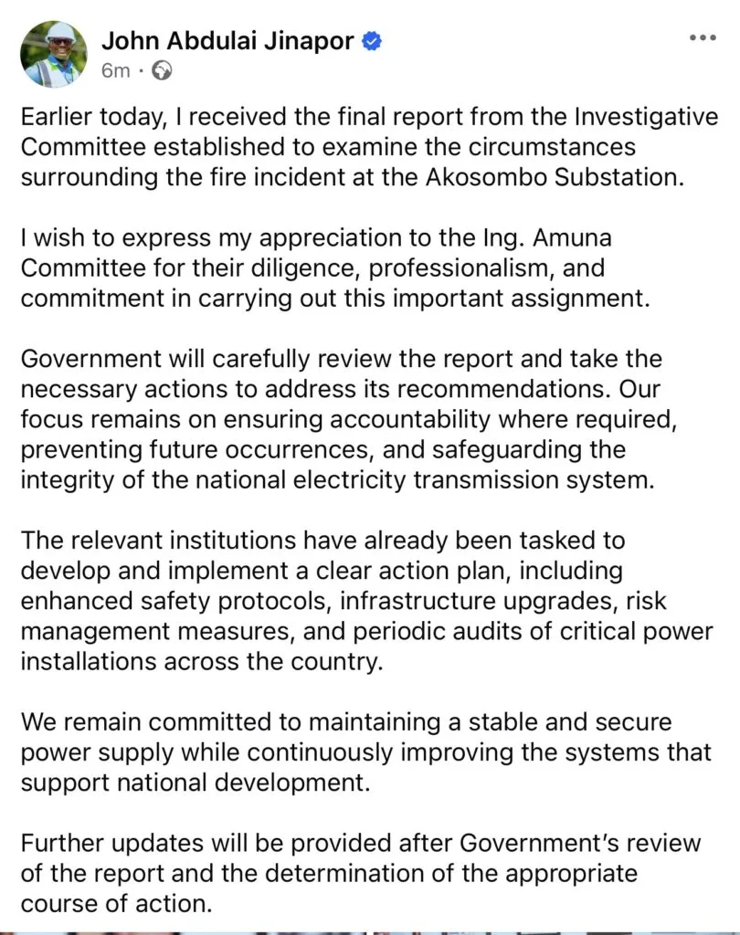 John Jinapor promises accountability after Akosombo Substation Fire report