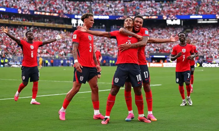 EAST RUTHERFORD, NEW JERSEY - JUNE 27: Jude Bellingham #10 of England celebrates with teammates after scoring the team's first goal during the FIFA World Cup 2026 Group L match between Panama and England at New York New Jersey Stadium on June 27, 2026 in East Rutherford, New Jersey. (Photo by Mattia Ozbot/Getty Images)