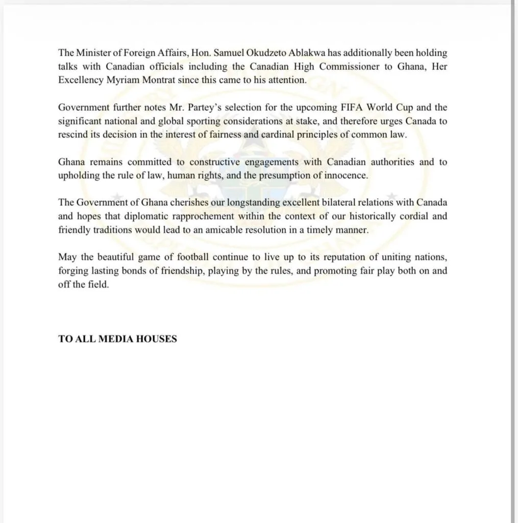World Cup: Reliance on unproven charges unfair - Foreign Ministry challenges Canada’s decision to deny Thomas Partey entry