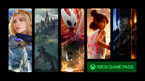 Xbox workers stunned after jobs 'bloodbath' Xbox An infographic divided into five vertical panels, each displaying artwork from five different games available on Microsoft's Game Pass service, Hogwarts Legacy, Hollow Knight: Silksong, Call of Duty: Black Ops 7.