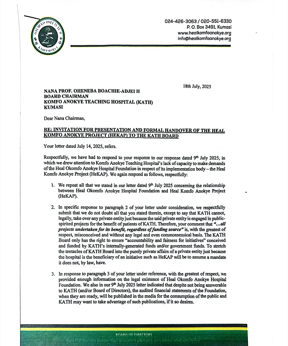 Heal Komfo Anokye Project registered by private persons who refuse to account and hand over to KATH One of the letters written by the Heal Komfo Anokye Hospital Foundation to the Komfo Anokye board.