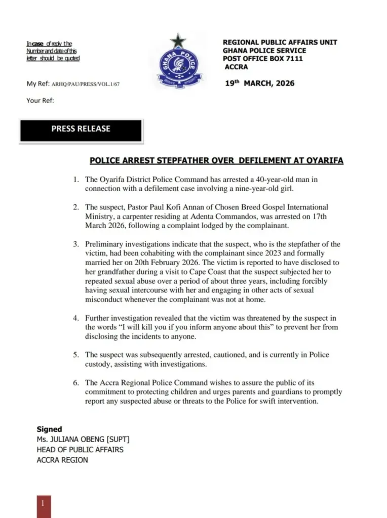 Oyarifa Police arrest pastor over alleged sexual abuse of 9-year-old stepdaughter Oyarifa Police arrest pastor over alleged sexual abuse of 9-year-old stepdaughter