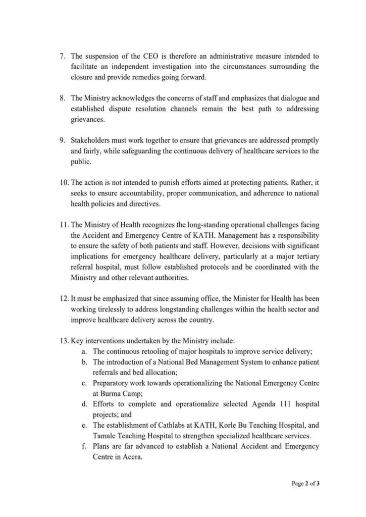 KATH CEO suspended to allow independent probe into Emergency Unit closure – Health Ministry