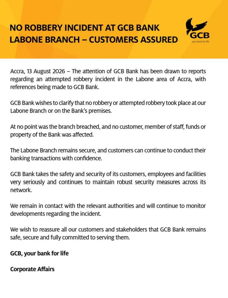 GCB Bank denies robbery at Labone branch, assures customers of safety