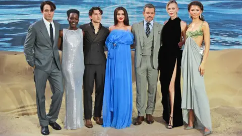 Getty Images Robert Pattinson, Lupita Nyong'o, Tom Holland, Anne Hathaway, Matt Damon, Charlize Theron and Zendaya attend the World Premiere of "The Odyssey" at Odeon Luxe Leicester Square on July 6, 2026 in London, England