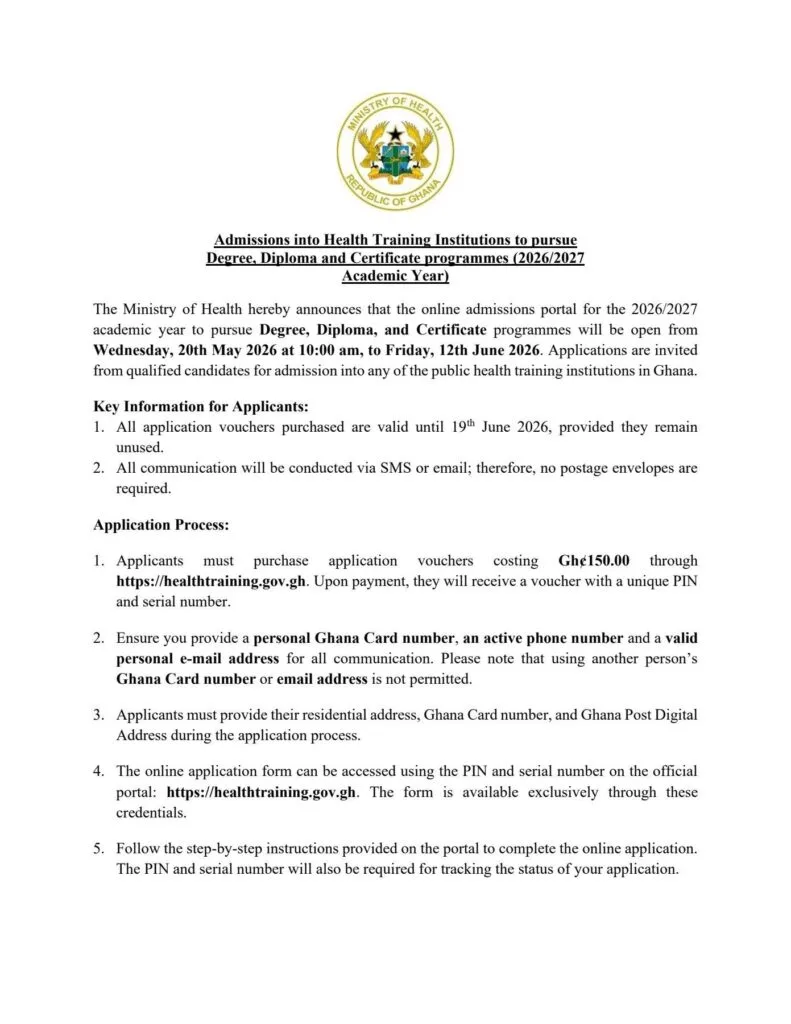 Health Ministry opens admissions for 2026/2027 public health training institutions Health Ministry opens admissions for 2026/2027 public health training institutions