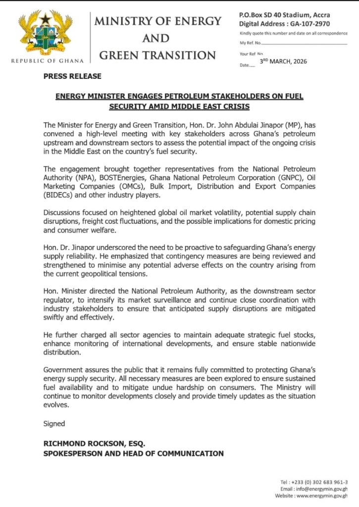 Energy Minister engages petroleum stakeholders over fuel security amid Middle East crisis Energy Minister engages petroleum stakeholders over fuel security amid Middle East crisis