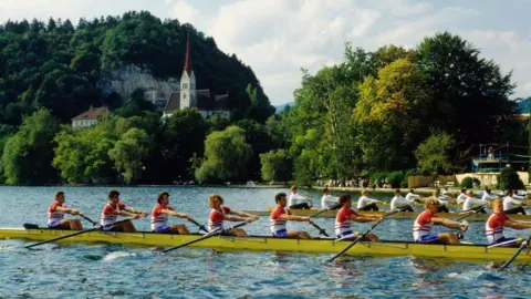 Peter Spurrier/Intersport Images Matt Brittin in a competitive rowing boat during the World Championships rowing on Lake Bled in Slovenia