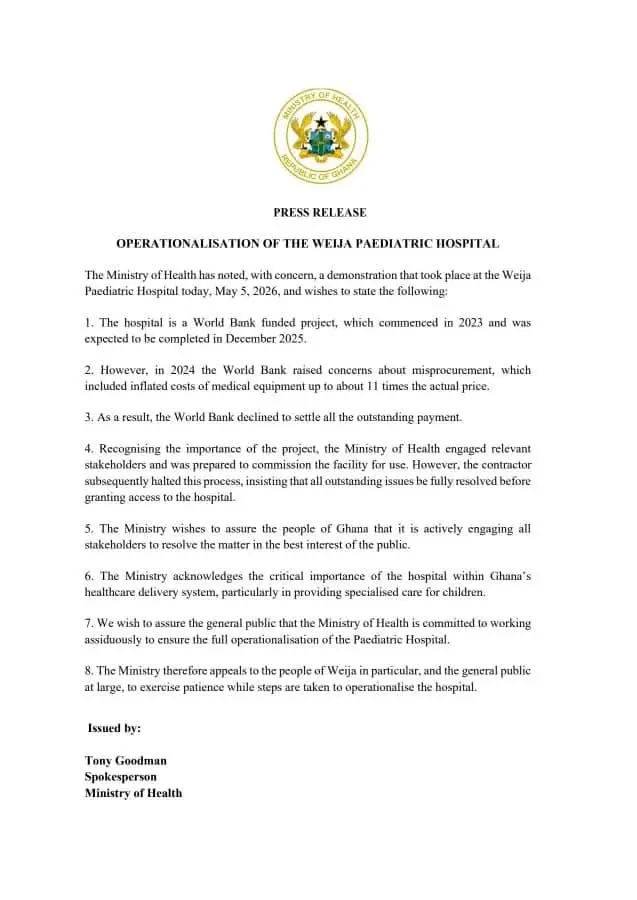 Health Ministry blames procurement irregularities and payment dispute for Weija Children’s Hospital delay