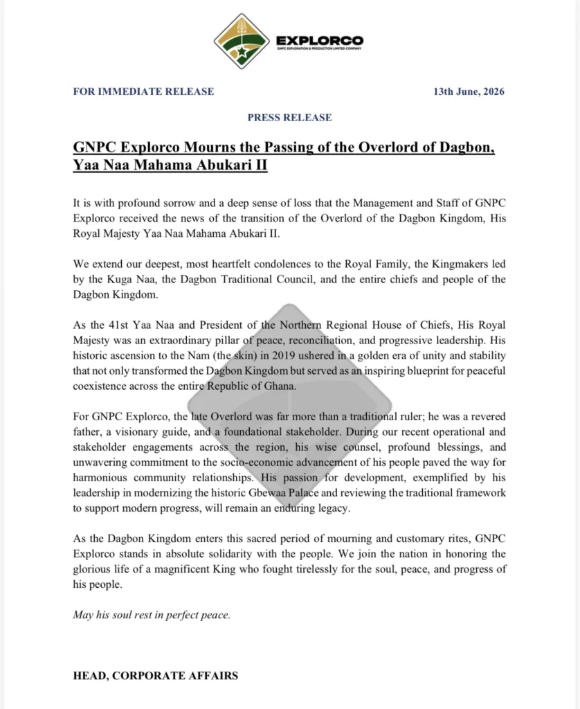 GNPC Explorco mourns the passing of the overlord of Dagbon, Yaa Naa Mahama Abukari II GNPC Explorco mourns the passing of the overlord of Dagbon, Yaa Naa Mahama Abukari II