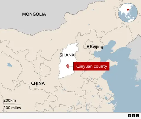 At least 82 killed in Chinese coal mine explosion Map showing the location of Qinyuan County in Shanxi province, northern China. The county is highlighted in red within Shanxi, with Beijing marked to the northeast and Mongolia labelled to the north. An inset globe indicates the region’s position in East Asia.