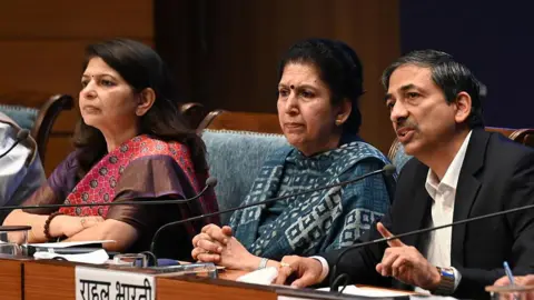 Hindustan Times via Getty Images Former Chairman and Managing Director, Engineers India Limited Vartika Shukla, PIB DG Mattu JP Singh, Senior executive officer corporate affairs, Maruti suzuki Rahul Bharti, during a press conference on the issue of Ethanol Blended Petrol by Industry experts