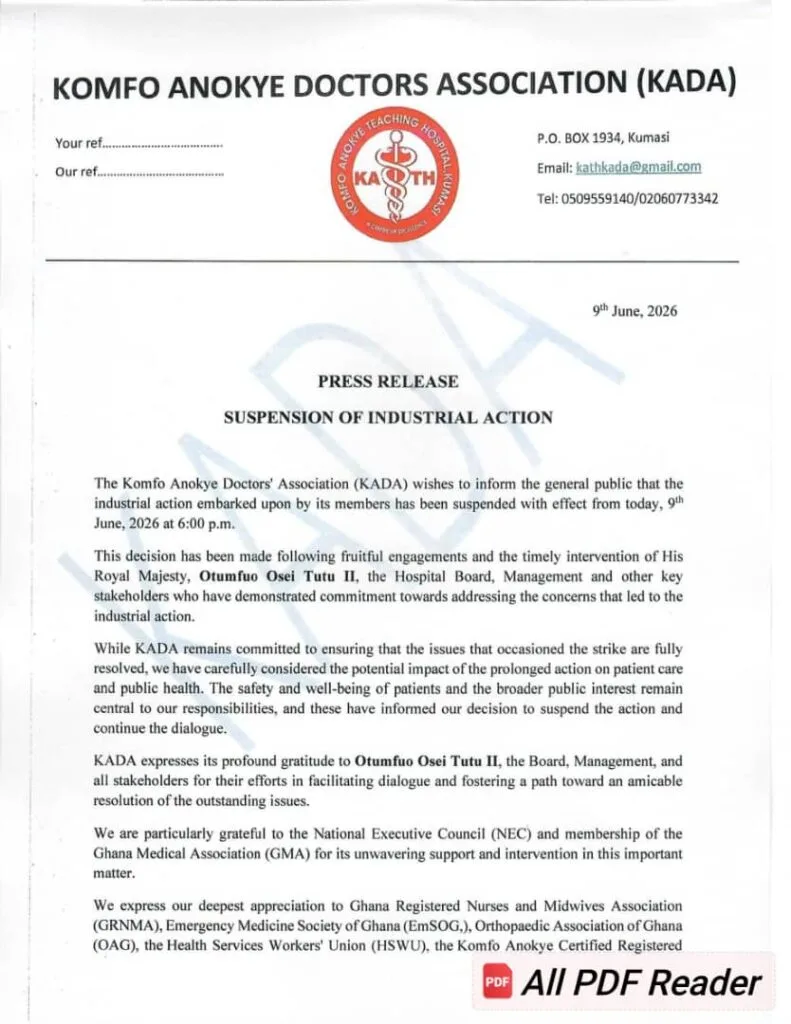 KATH doctors suspend strike after Asantehene's intervention