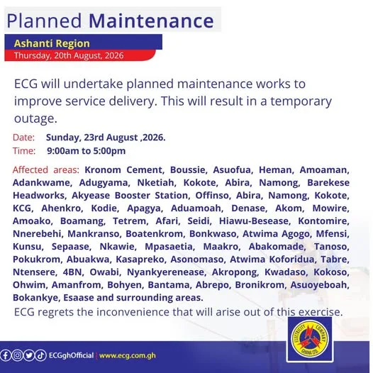 ECG announces eight-hour power outage in Ashanti Region
