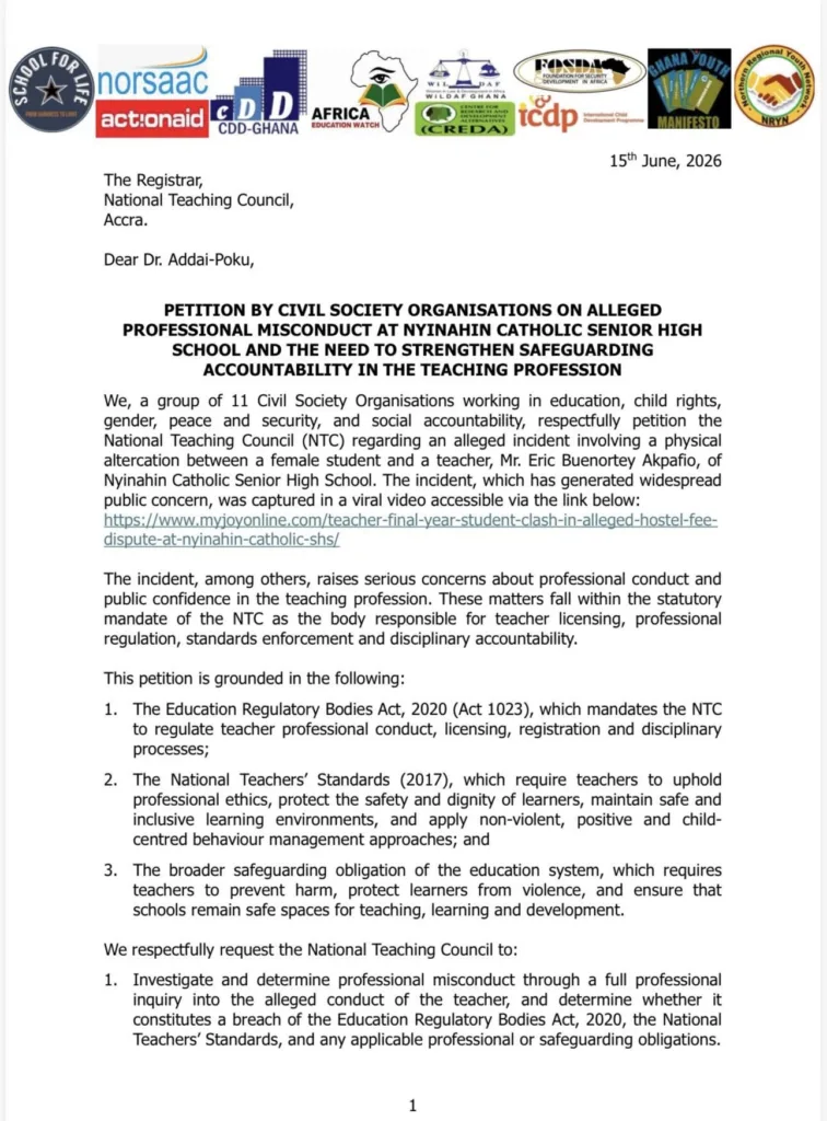 CSOs petition NTC over alleged teacher–student altercation at Nyinahin SHS CSOs petition NTC over alleged teacher–student altercation at Nyinahin SHS