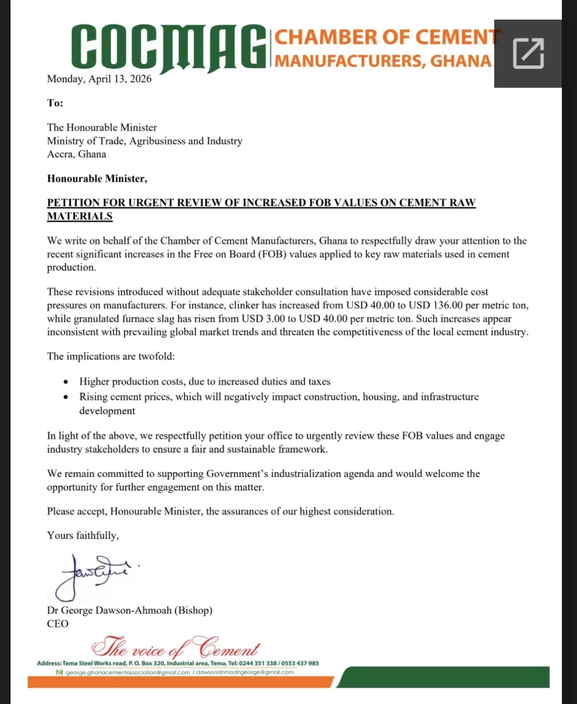 Cement manufacturers petition government over sharp increase in FOB values on raw materials