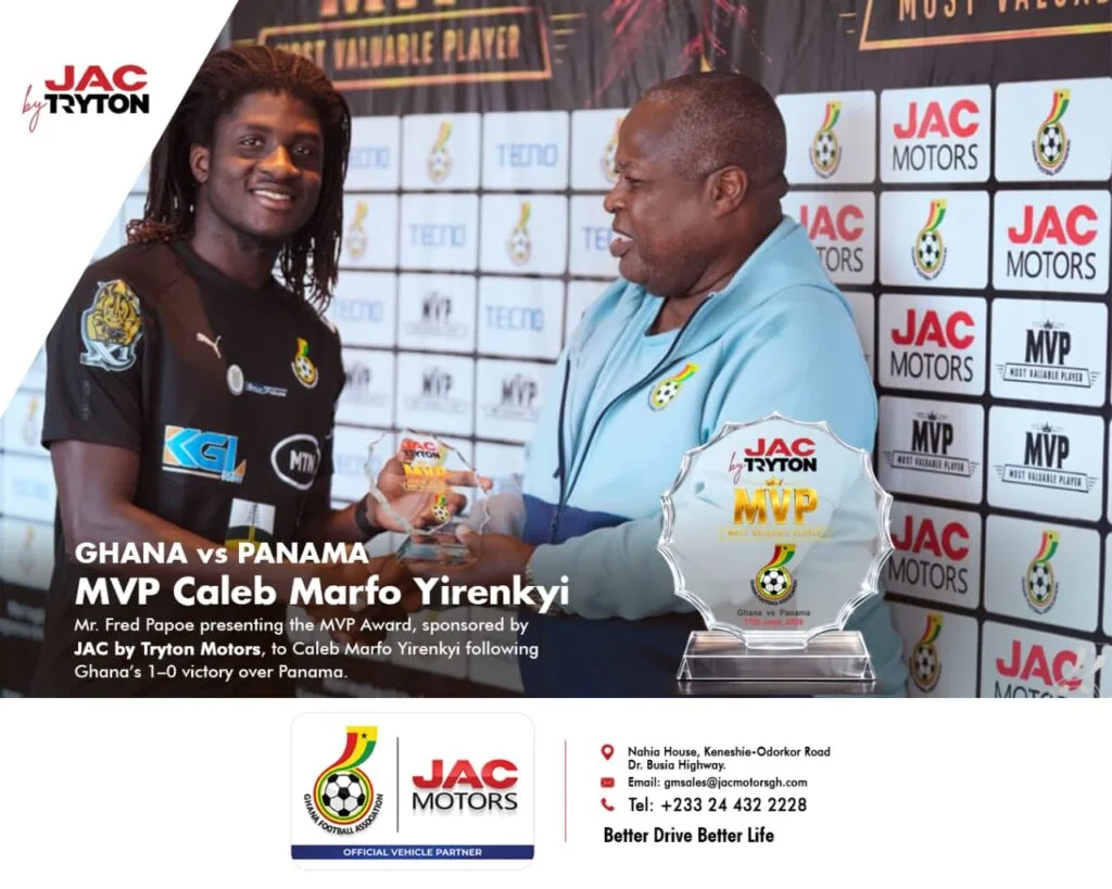 JAC Motors present Caleb Yirenkyi with MVP award after win over Panama