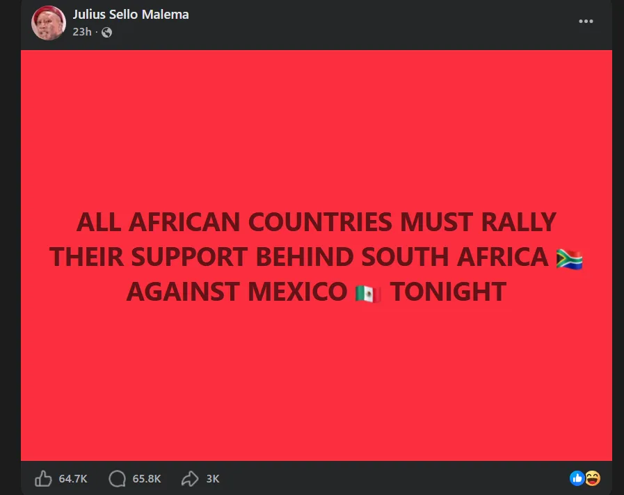 World Cup 2026: Julius Malema ‘jumped’ in attempt to rally Africa behind Bafana Bafana
