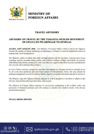 Foreign Affairs Ministry warns Tijjaniya pilgrims against road travel, advises air travel to Senegal