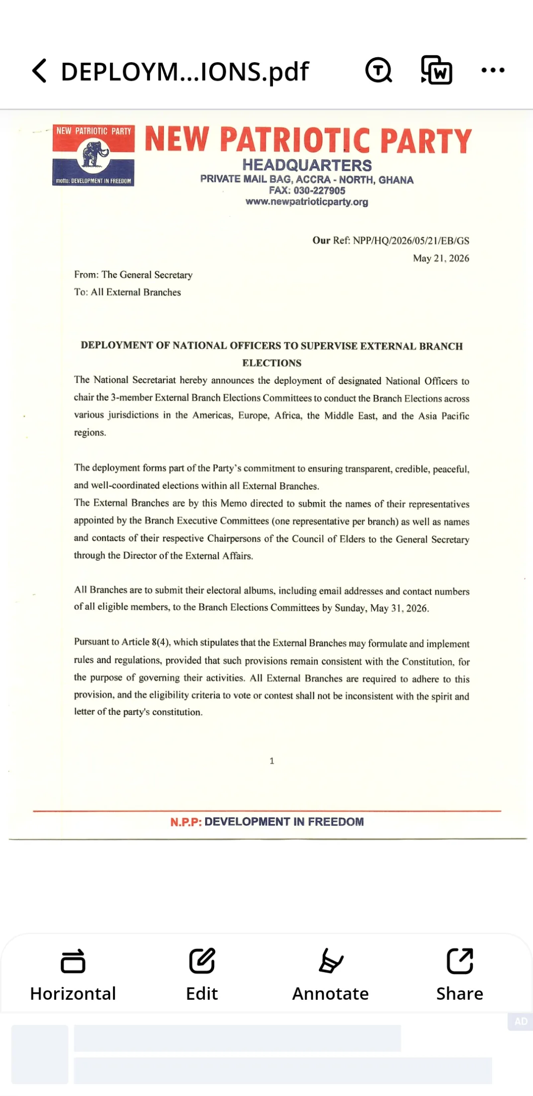 Full list: NPP deploys 27 officers to supervise external branch elections worldwide