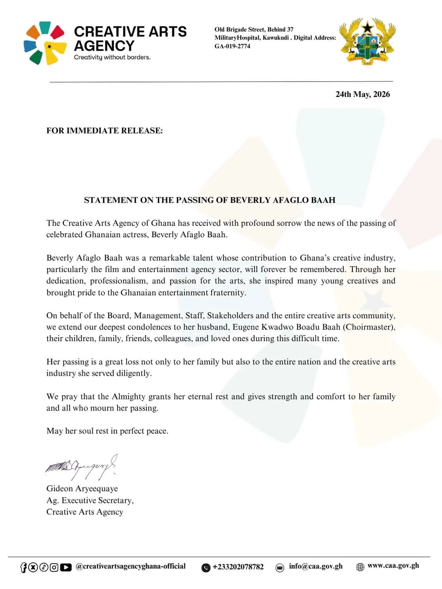 Creative Arts Agency mourns passing of actress Beverly Afaglo Baah